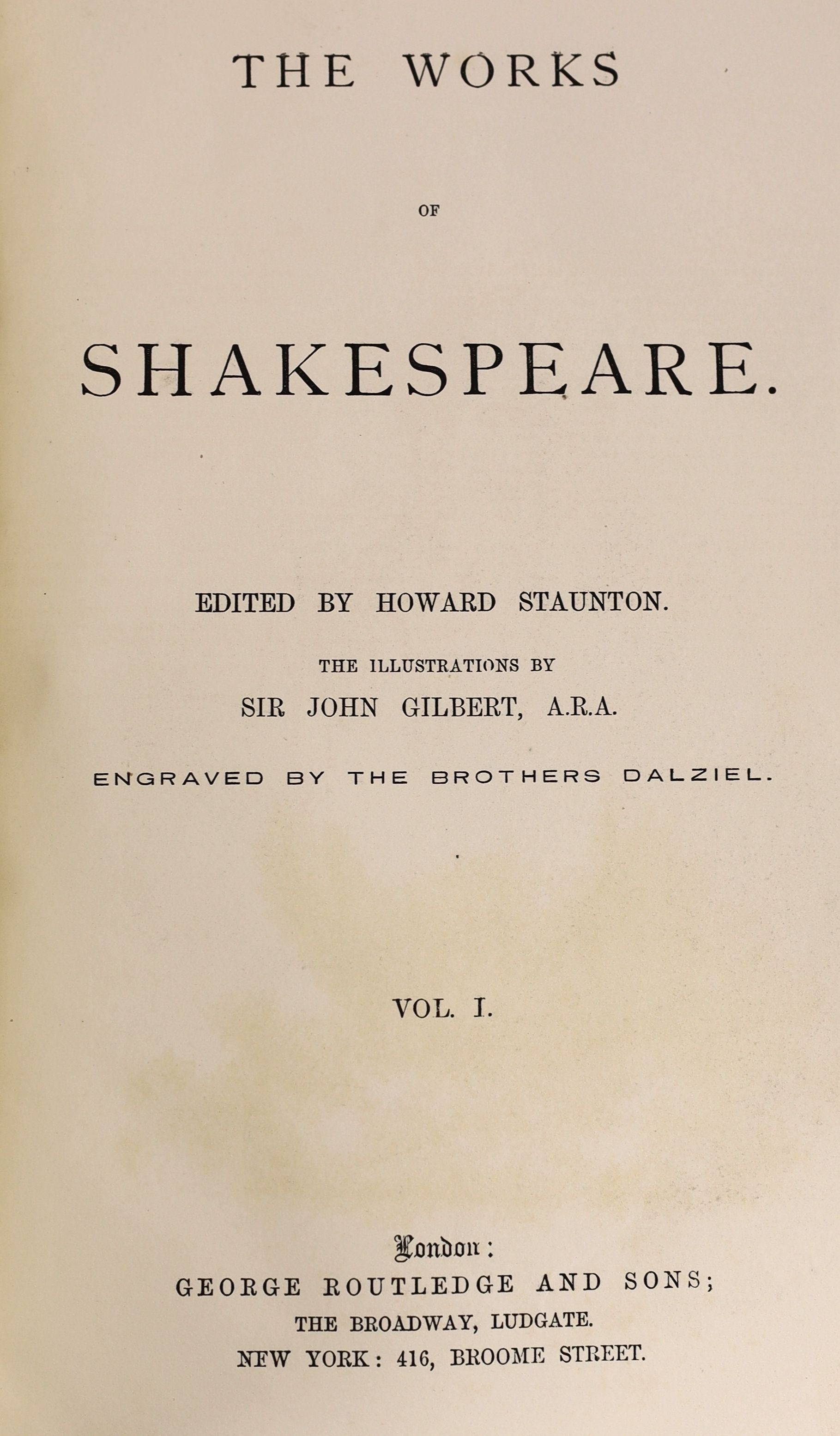 Shakespeare, William - The Works of Shakespeare, edited by Howard Staunton, 3 vols, 4to, red morocco gilt, with illustrations by Sir John Gilbert, A.R.A., engraved by the brothers Dalziel, George Routledge and Sons, Lond